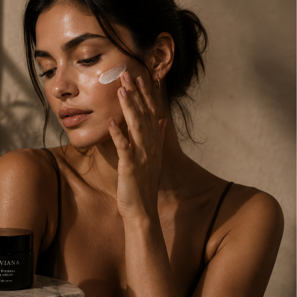 A woman applies cream to her face while standing beside two black skincare containers from LLEVIANA on a marble surface in a warm, softly lit room.